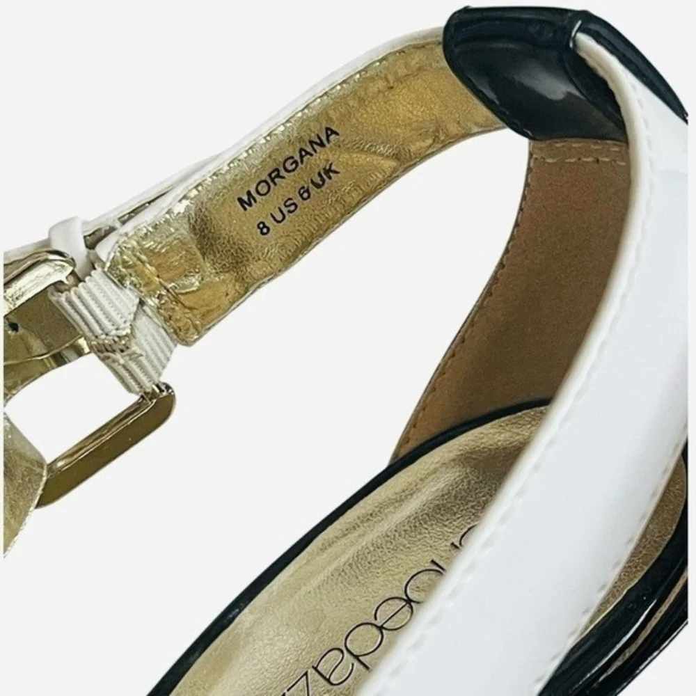 SHOEDAZZLE MORGANA Black Gold White Open Toe Platform Wedge Sandals Size 8